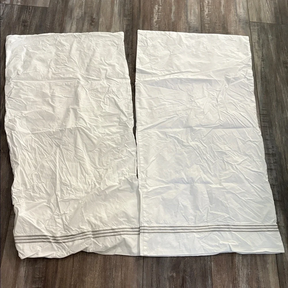 2 Pottery Barn White KING Pillowcases with Embroidered Silver Stripes